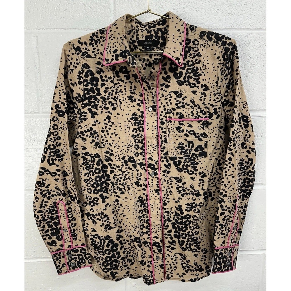 J Crew Leopard Print Button Up Shirt Womens Size XS Pink Trim Linen Blend